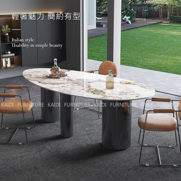 岩板餐桌｜K26-ND696 斯圖亞義式輕奢6尺不鏽鋼鈦黑腳自然邊不規則岩板餐桌｜凱迪家具
